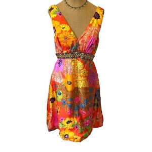 vintage 60s 70s flower power cocktail party dress rhinestone waist hippie Summer